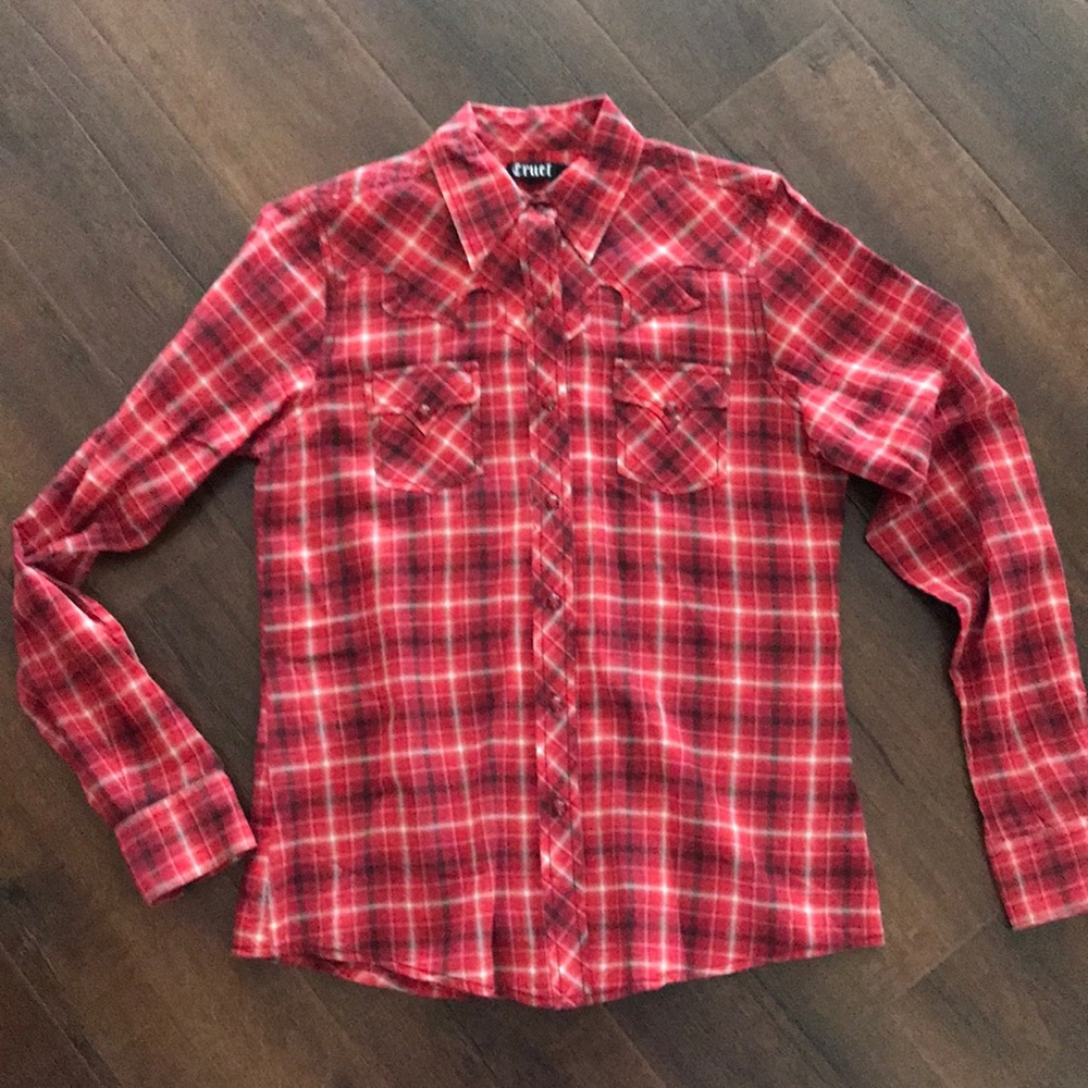 Cruel pearl snap, red plaid shirt